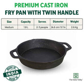 Pre-Seasoned Black Cast Iron Fry Pan Or Skillet With Double Handle - Medium 24.6 Cm, 9.7 Inch, 1.8 Liters, 2.6 Kg | Induction Friendly, Nonstick Fry Pan, 100% Pure & Toxin Free, No Chemical Coating